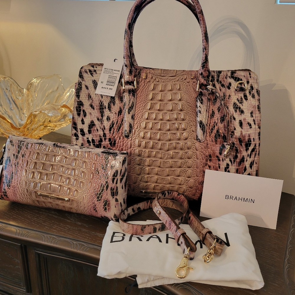 Brahmin Cream and Brown Croc-Embossed Shoulder Bag